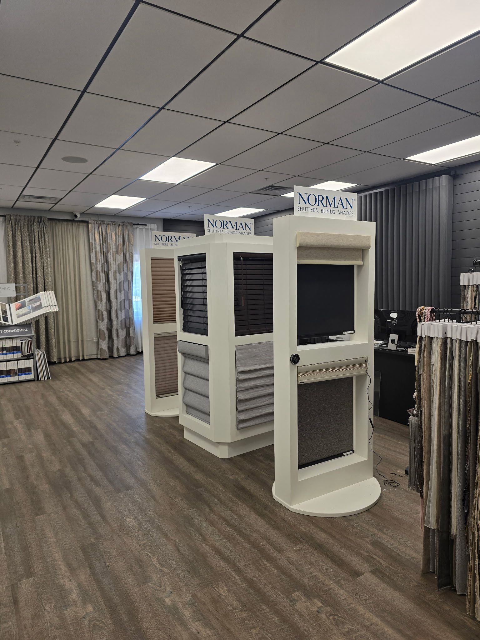 Window treatment displays in the Creative Blinds & Drapes showroom in Aurora, IL